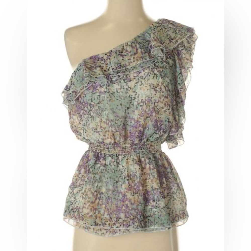 bebe XS one shoulder green purple ruffle blouse